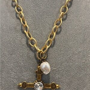 Gold Cross Pendant Necklace with Pearl Accent